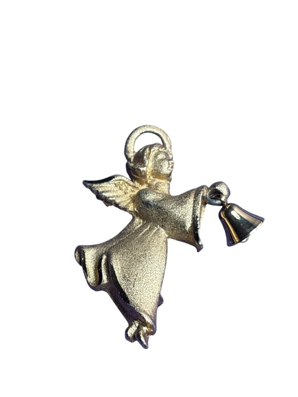 Vintage Goldtone Textured Angel Brooch Pin Bell 1.75 inches